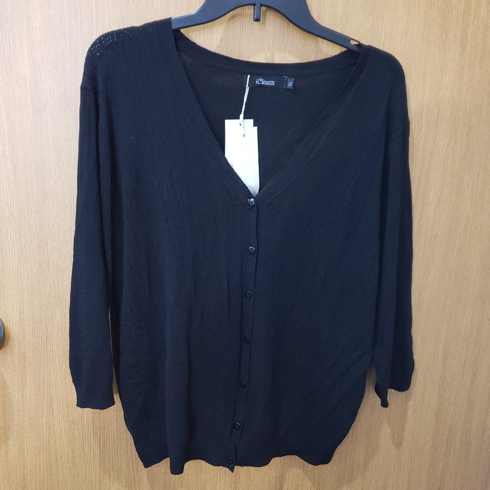 I Closam, NWT, black 3/4 sleeve button down textured sweater cardigan, XL